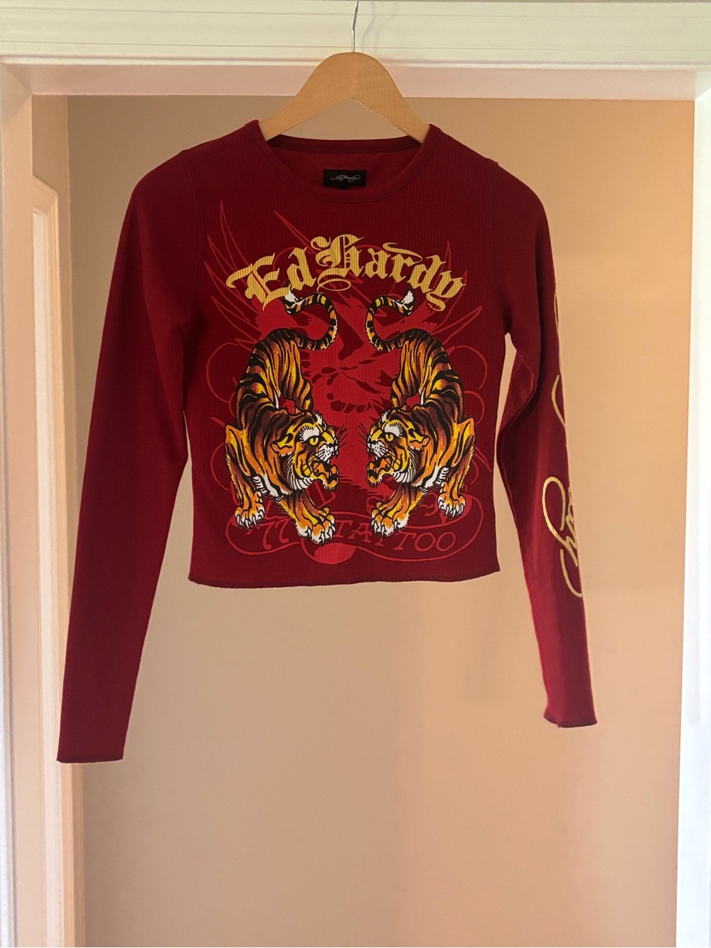 Ed Hardy Red Ribbed Crewneck Top with Logo Tag